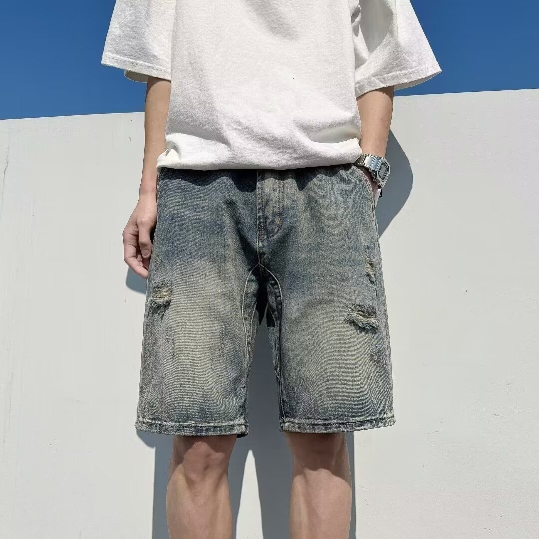 Broken hole denim shorts men's summer thin 2024 new American fashion brand straight and loose five part casual pants