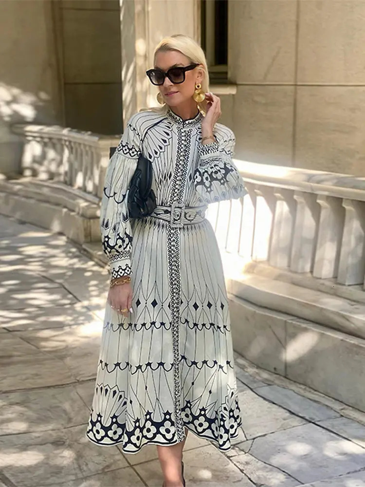 Women Elegant Print Aline Midi Dress With Belt Lantern Long Sleeve Stand Collar Dresses 2024 Chic Lady Casual Vacation Vestidos 240717