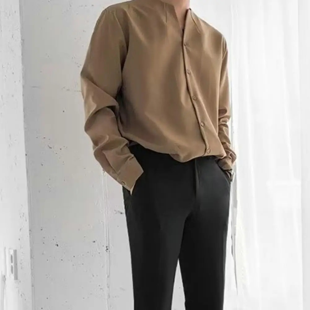 Stylish Casual Shirt AntiPilling Autumn Loose Fit Solid Work Collarless Colorfast Men Daily Clothing 240716