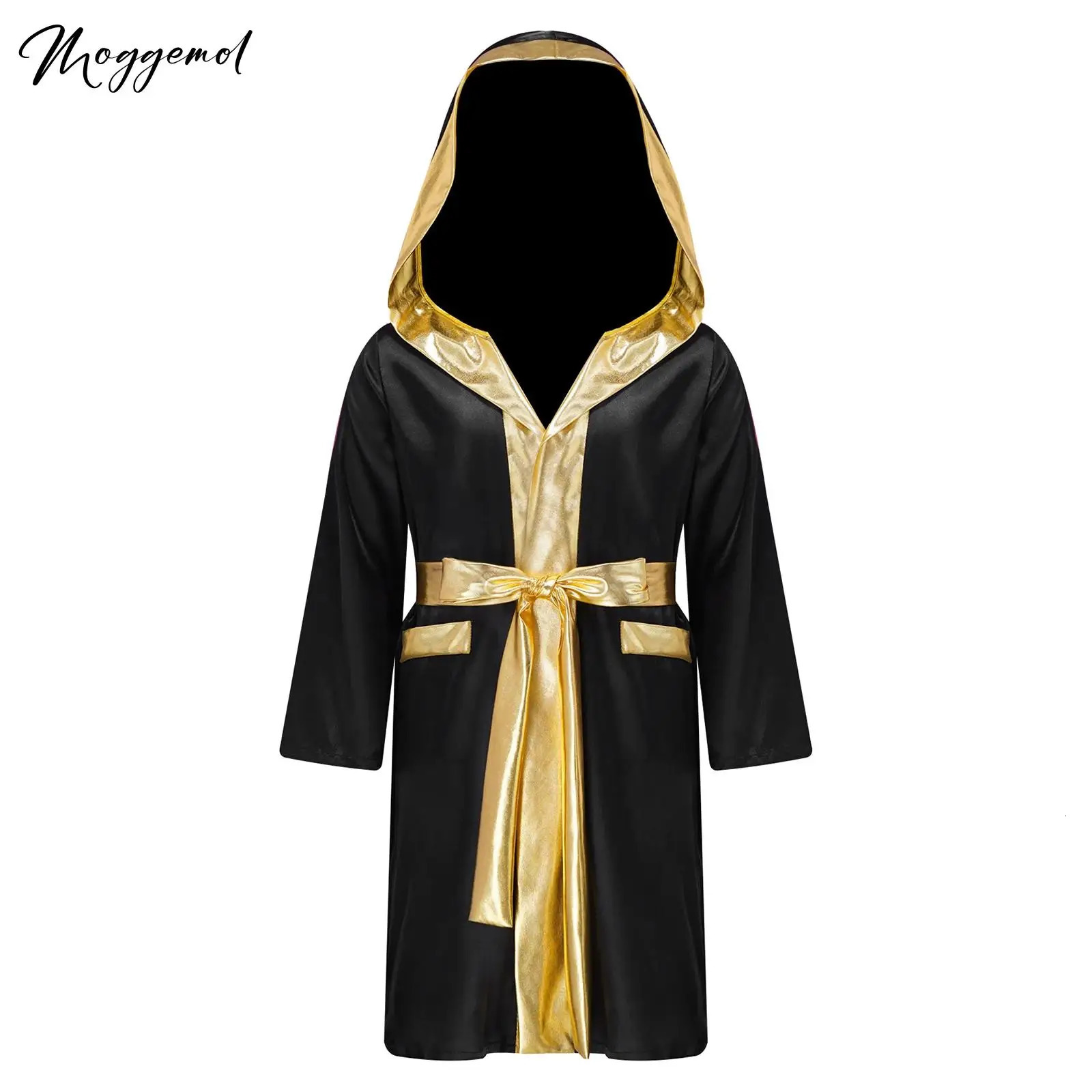Sports Unisex Kids Boys Girls Boxing Robe Thai Kickboxing Costume Long Sleeve Hooded Cloak Competition Training Gown with Belt 240716