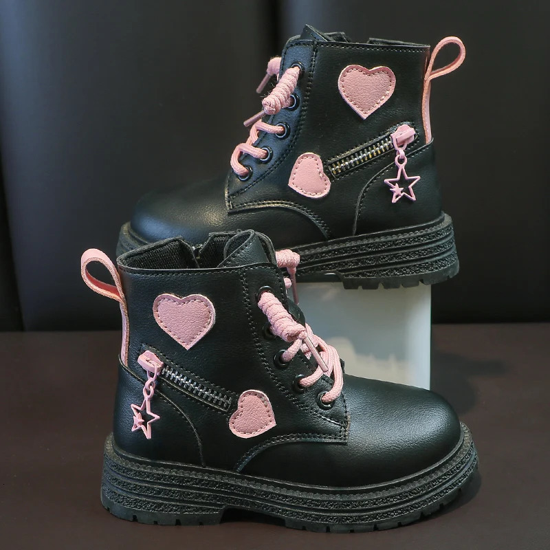 Girls Boots Kids Fashion Rubber Boots Cool Girl Autumn and Winter Cotton Soft Sole Pink with Love Side Zip Princess Round-toe PU 240710