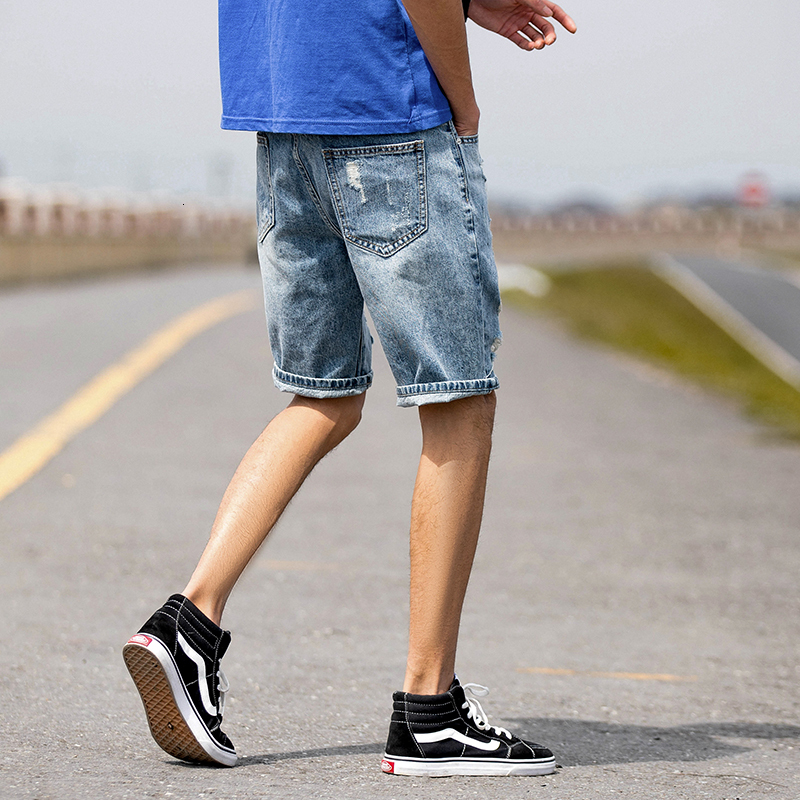 Summer denim shorts, trendy men's perforated frosted five quarter pants, straight leg jeans