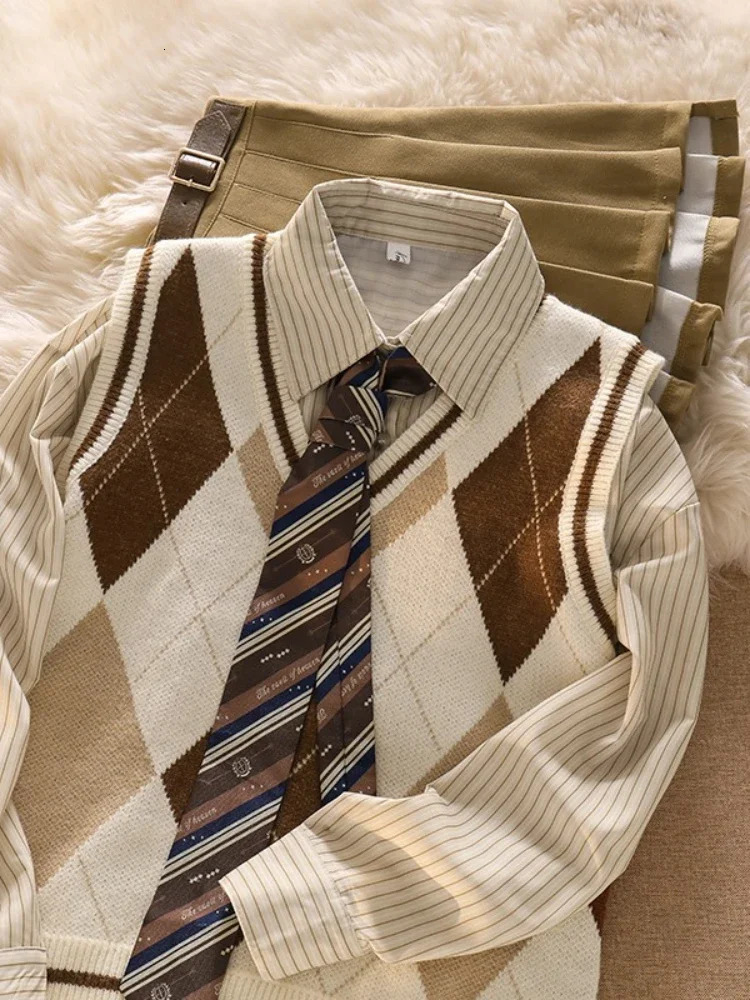 Xgoth Vintage College Style Set Layered Knitted Vest Apricot Stripes Long Sleeve Shirt Womens Kahki Pleated Skirt 3pcs Suit 240712