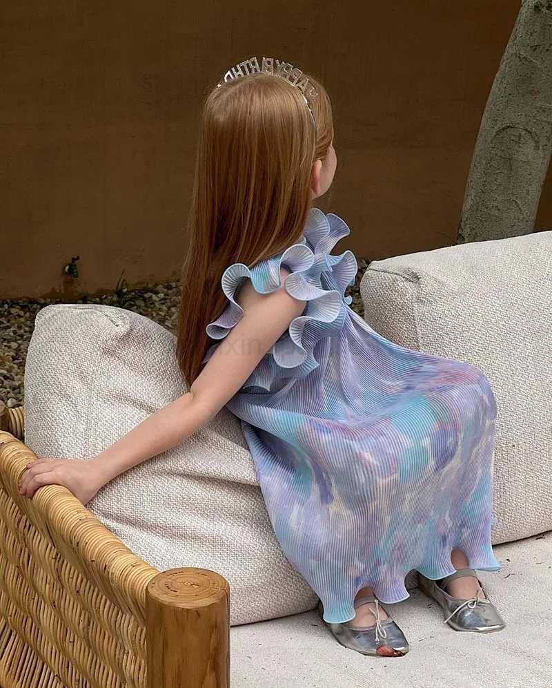 Summer Children Girl Blue Smudge Chiffon Dress Kid Girls Spanish Style Sleeveless Suspender Dress Birthday Party Dresses 9TXJ240720