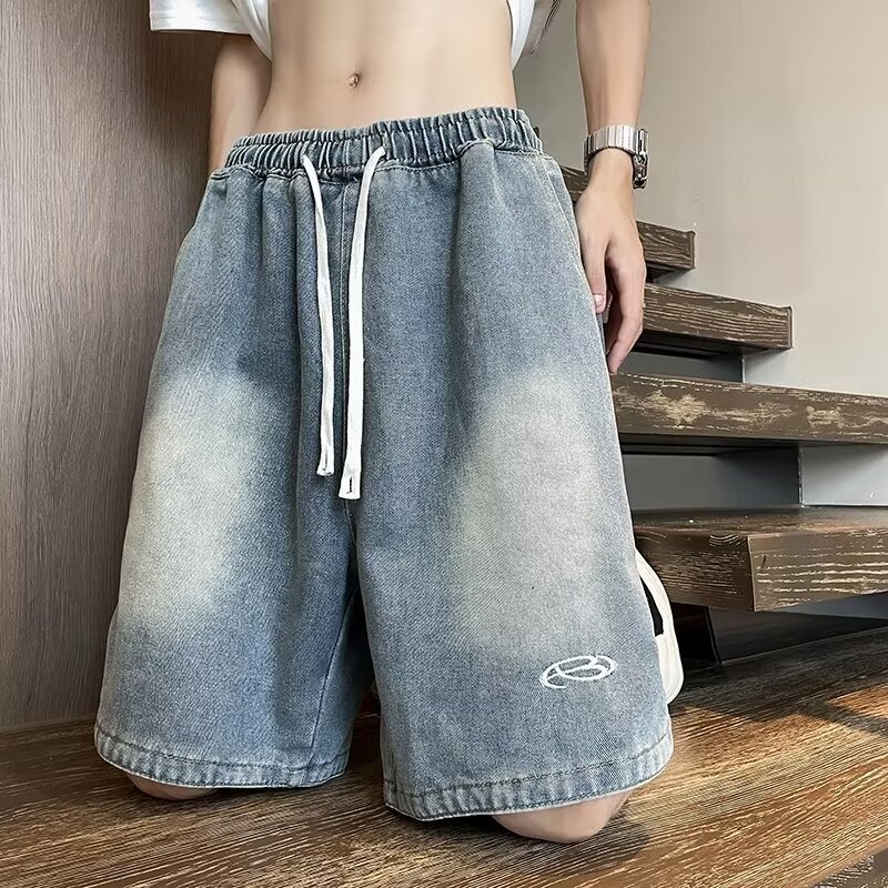 Cowboy shorts for men and women, street fashion brand, loose straight leg mid length pants, student casual five quarter pants