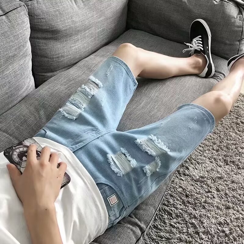 Summer thin ripped denim shorts men's American loose mid length trendy brand street versatile five quarter pants