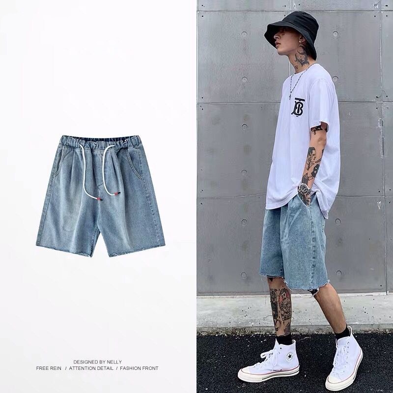 Cowboy shorts men's trendy brand loose straight tube internet famous 5-point ins versatile elastic waist dad pants