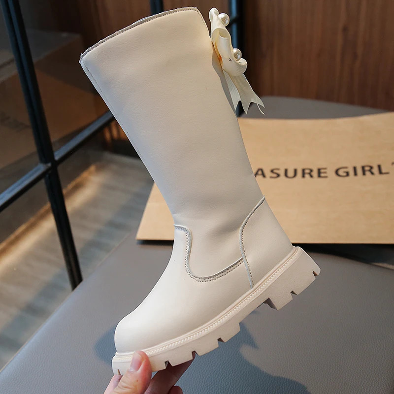 Unishuni Knee High Boots for Girls Kids Low Heeled Fashion Riding Boots Bowtie Synthetic Leather Princess Girls Boots with Zip 240710