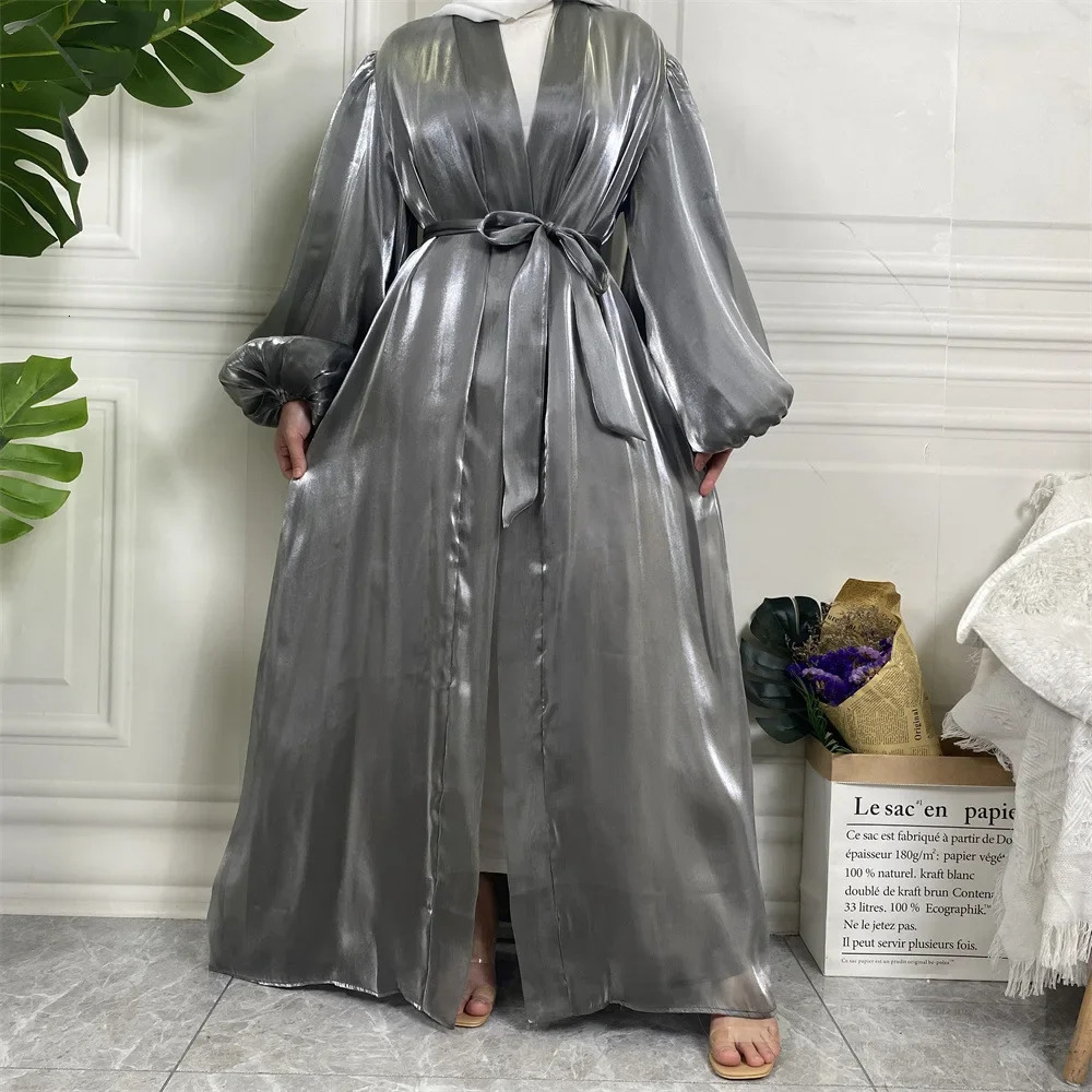 White Satin Abaya Kimono Shiny Silk Stretch Balloon Sleeve Muslim Dress Saudi Open Abayas for Women Dubai Turkey Islam Cardigan 240712