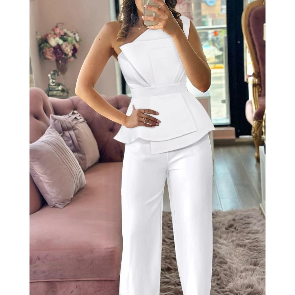 Womens one shoulder pleated top straight leg pants set elegant solid color twopiece office suit y2k clothing 240718
