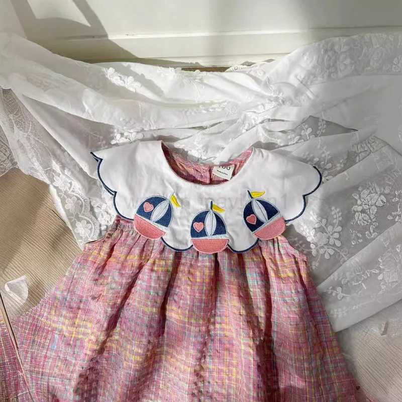 Rainbow Plaid Sailboat Navy Style Girl Dress 2024 Summer New Preppy Style Sweet SleevelessXJ240720