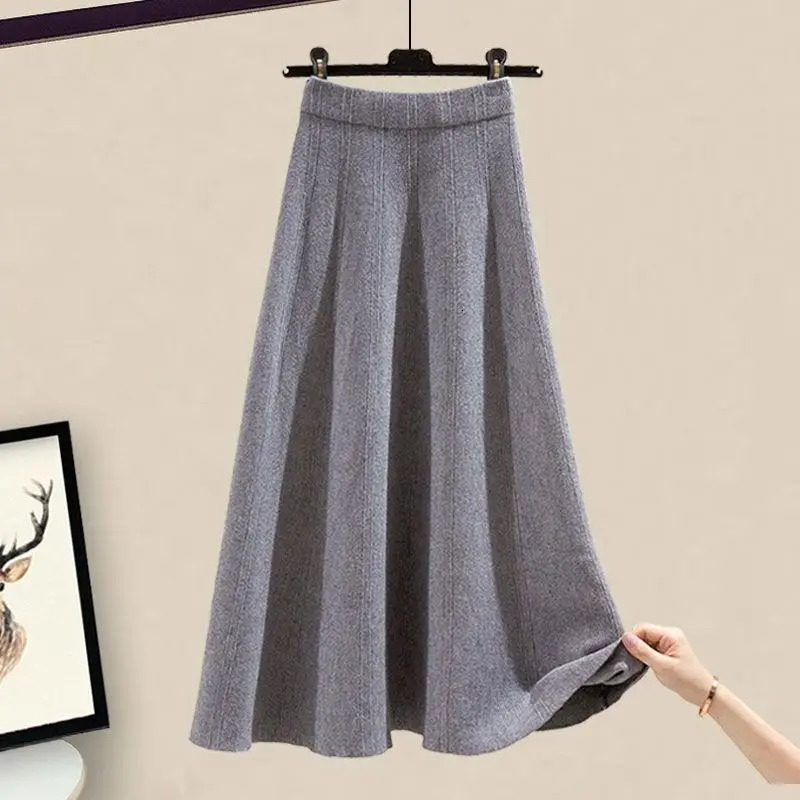 Oversized Womens Autumn Set Fashion Knitted Sweater Covering Flesh and Slim Skirt Two Piece 240712