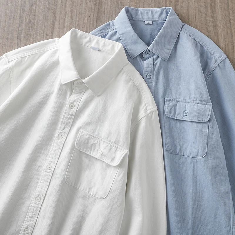 Dukeen Shirts for Men Spring and Autumn Pockets Cotton Solid Color White Plain Shirt Long-Sleeved Tops Mens Clothing 240715