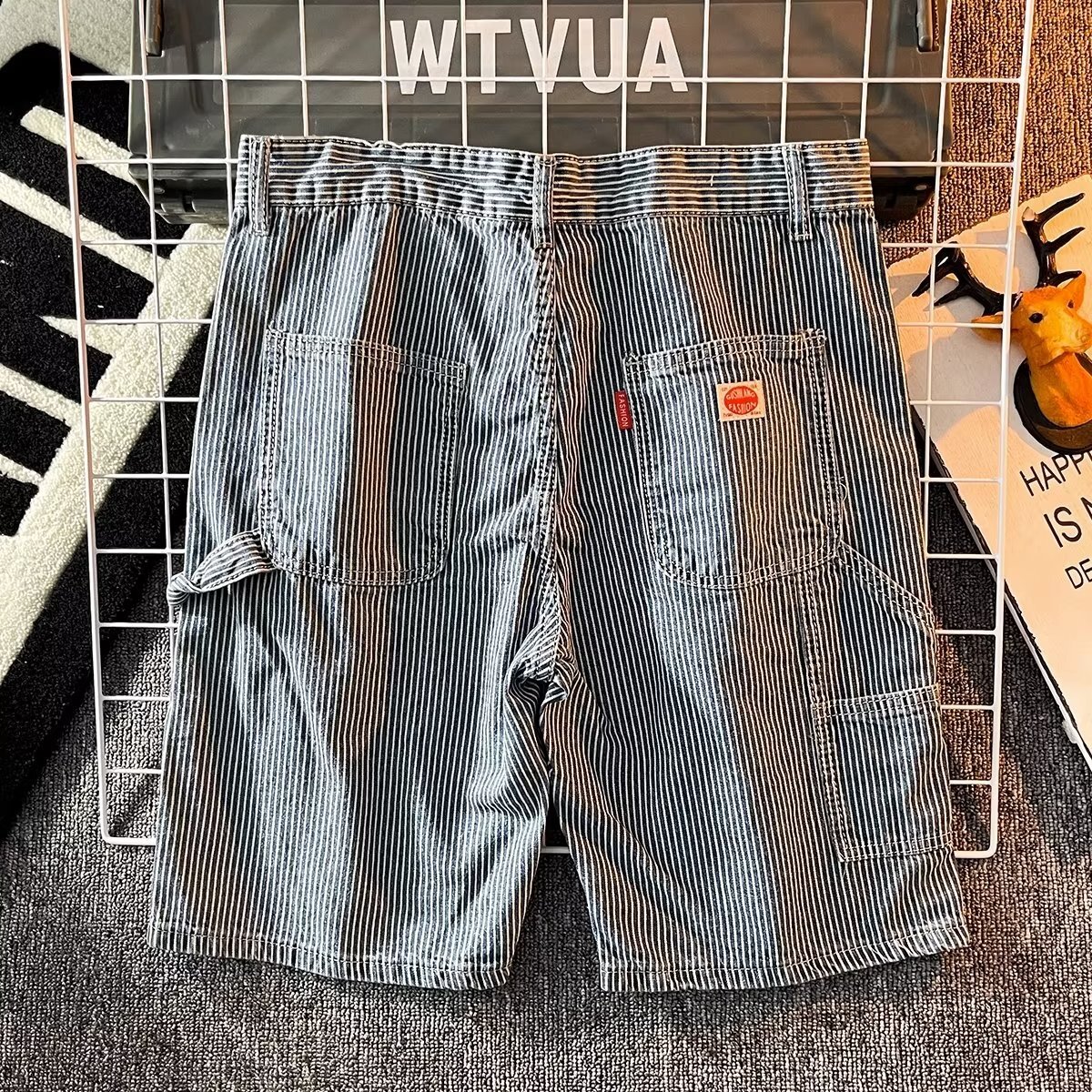 American striped denim shorts trendy brand loose straight five quarter horse men's summer thin casual mid length pants