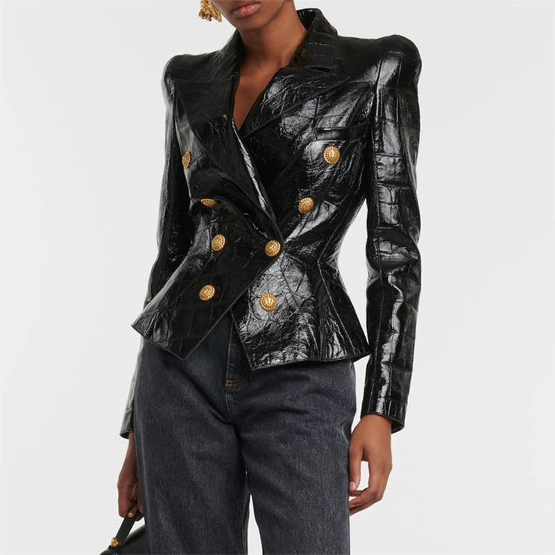 FW womens black pu leather shiny shrug slim small suit high quality y2k Korean style button decorated temperamentJacket 240717