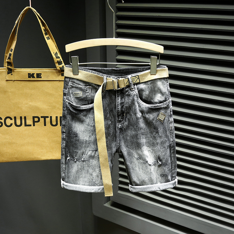 Trendy denim men's 2024 summer new high-end light luxury embroidered elastic shorts with belt