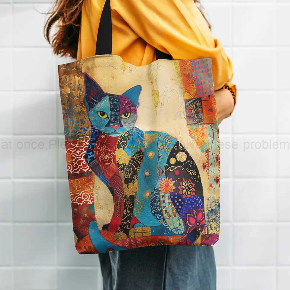 Floral Cat Pattern Tote Bag Aesthetic Canvas School Shoulder Bag Lightweight Grocery Shopping Bag Z240910