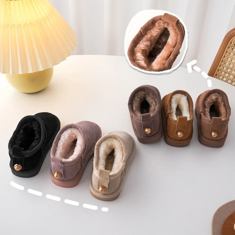 Kids Genuine Cowhide Snow Boots Winter Baby Soft Warm Cotton Shoes With Plush Boys Girls One Fur Suede Boots Princess Retro Boot 240710