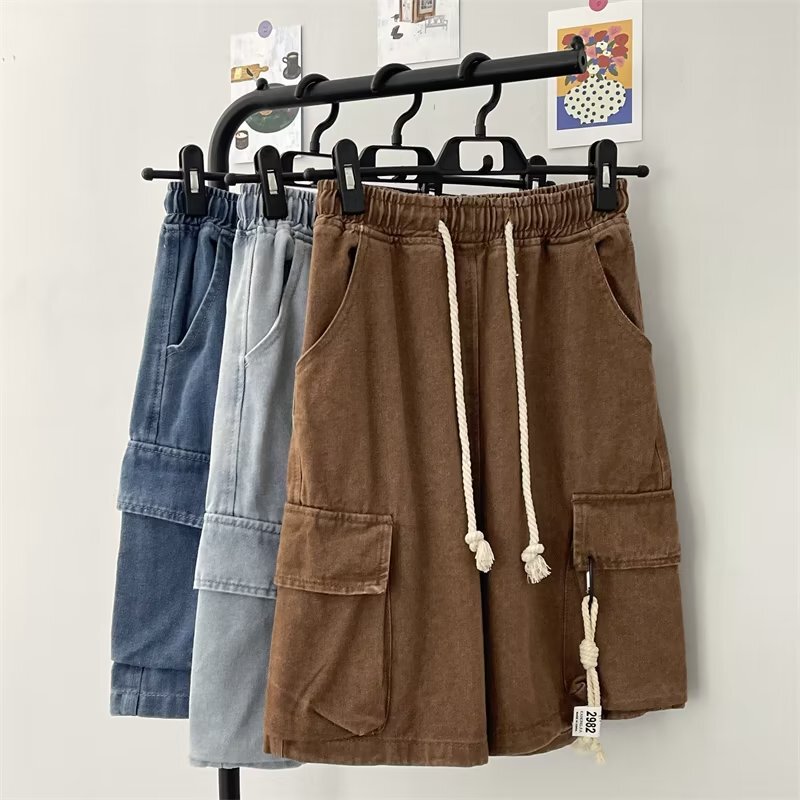 Workwear denim summer slim trendy casual shorts loose fit oversized five point pants for men's style