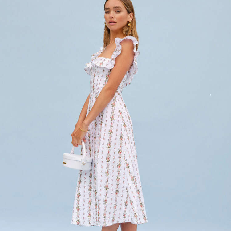 Ref Flax Floral Sleeveless Long Dress for Slimming and Waist Cinching Summer New French Women S Clothing Sexy Waist Temperament BOHO DRESS Round Neck 