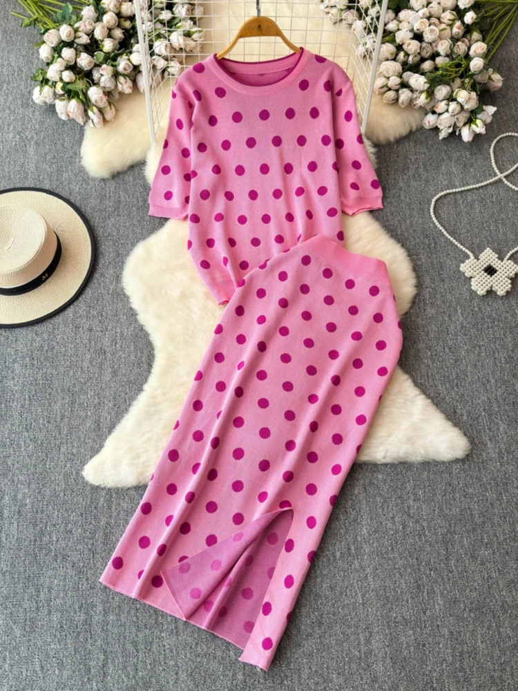 Foamlina Women Vintage Polka Dot Knitted Two Pieces Set Casual O Neck Short Sleeve Top and Elastic Waist Split Long Skirt Suits 240712