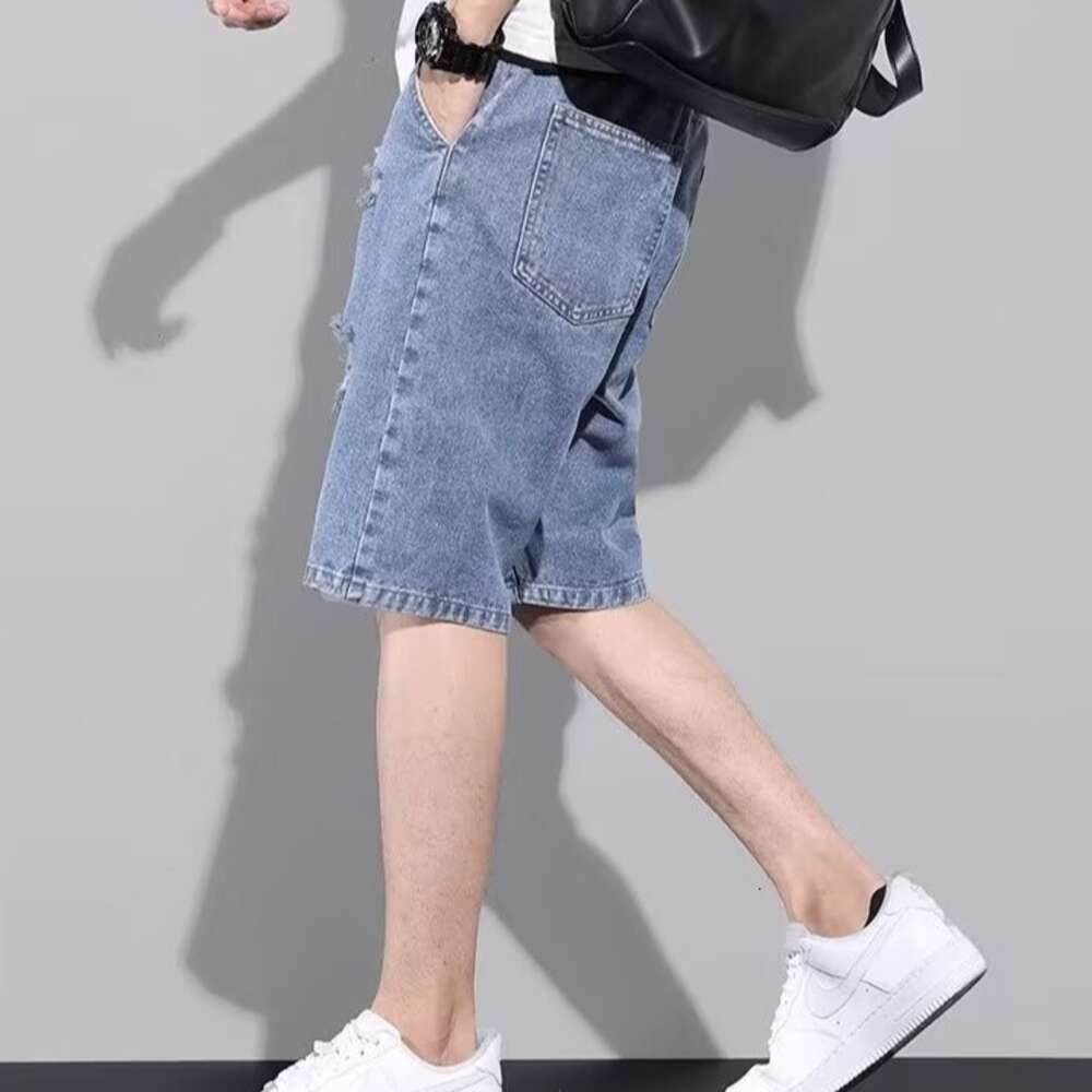 Punched denim shorts soft, comfortable, durable trendy brand ins men's casual five point mid length pants