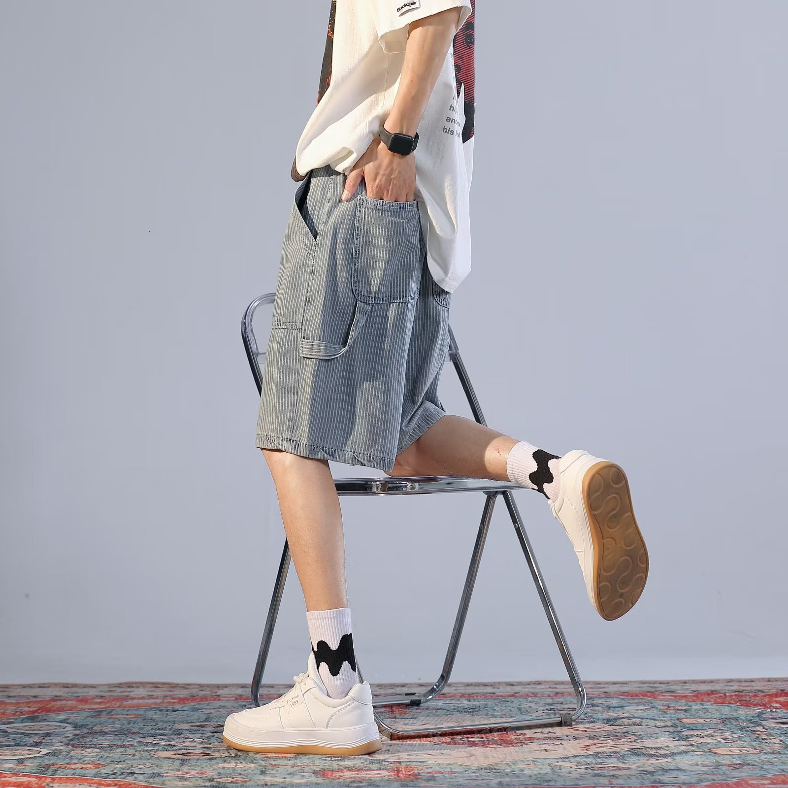 Denim shorts, loose lace up, summer thin men's middle pants, oversized fat, trendy brand work clothes, cropped pants