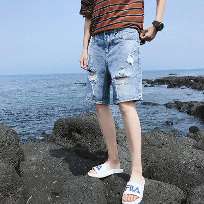 Summer denim shorts, trendy loose fit, men's cropped ripped horse pants, casual thin design