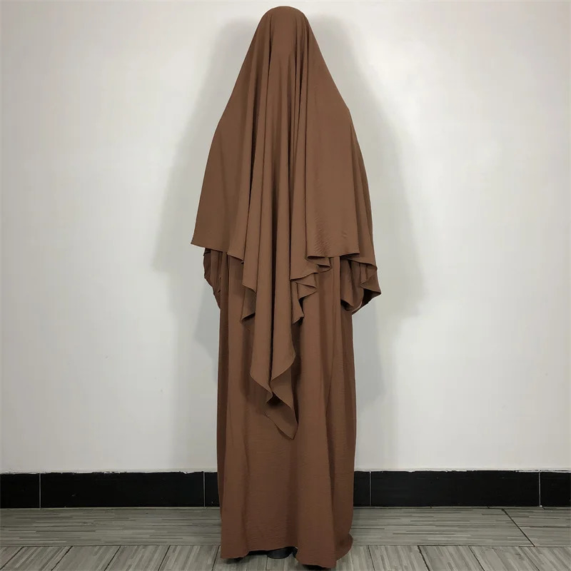 2 Piece Prayer Dress Muslim Islamic Clothing Jazz Crepe Modest Drop Fall Sleeves Abaya Set Match Khimar Jilbab Long Hijab 240712