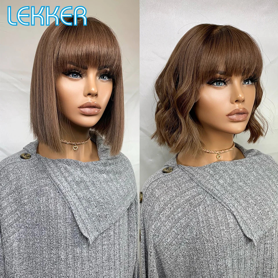 Lekker Ready Wear Ombre Brown Short Straight Bob Human Hair Wigs With Bangs For Women Brazilian Remy Hair Colored Glueless Wigs 240716