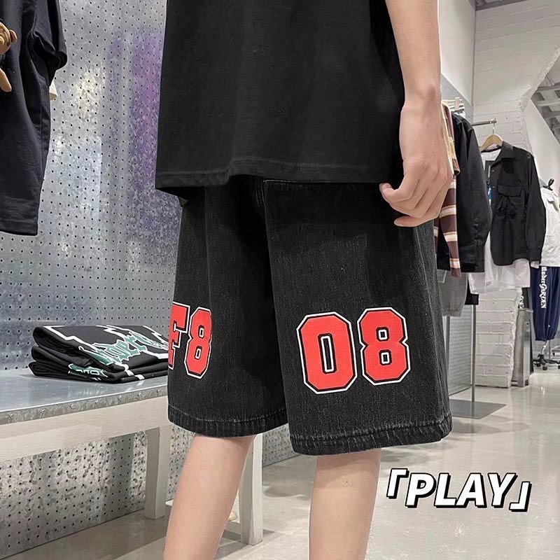 Jeans men's summer thin high street five quarter loose straight wide leg trendy brand versatile short pants