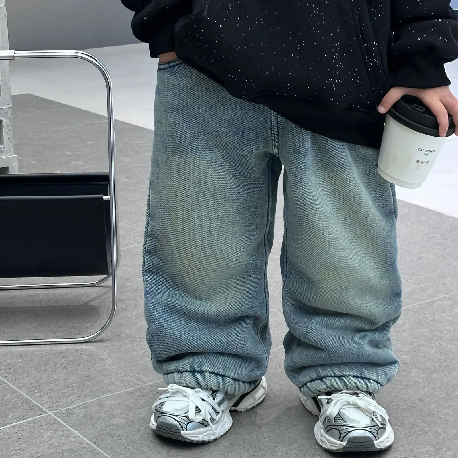 Boys Pants Winter Korean Style Solid Color Fleece Thickened All Match Jeans Boy Casual Simple Fashion Handsome Jeans 240716