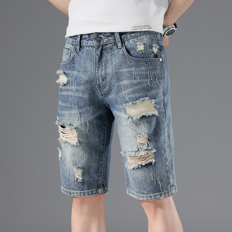 Broken hole denim shorts trendy brand ins summer outerwear loose five quarter men's design sense niche mid length pants