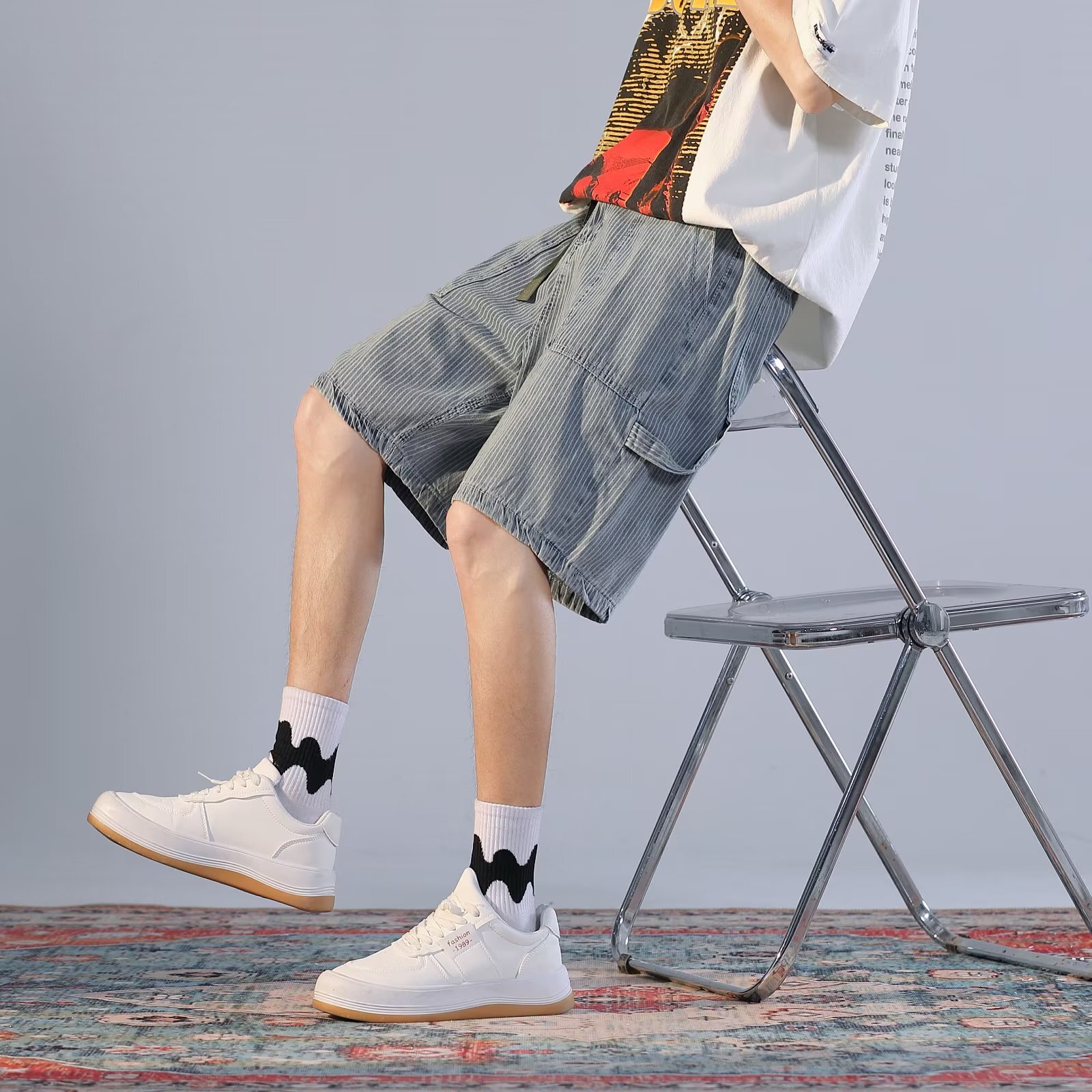 Denim shorts, loose lace up, summer thin men's middle pants, oversized fat, trendy brand work clothes, cropped pants