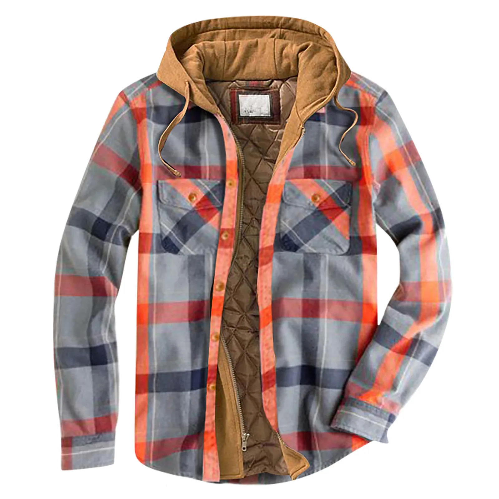 Mens Quilted Lined Button Down Plaid Shirt Add Velvet To Keep Warm Jacket With Hood 240712