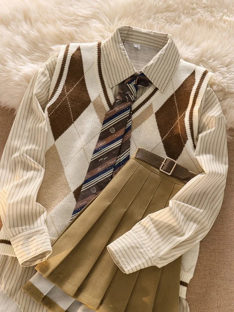 Xgoth Vintage College Style Set Layered Knitted Vest Apricot Stripes Long Sleeve Shirt Womens Kahki Pleated Skirt 3pcs Suit 240712