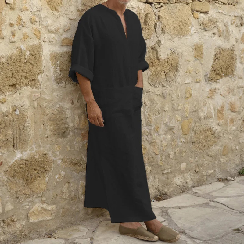 Mens Arab Muslim Long Robe Shirt Casual Loose Long Sleeves Male Pocket Kaftan Robe Cotton Linen Button Plain Robes Plus Size 5XL 240715
