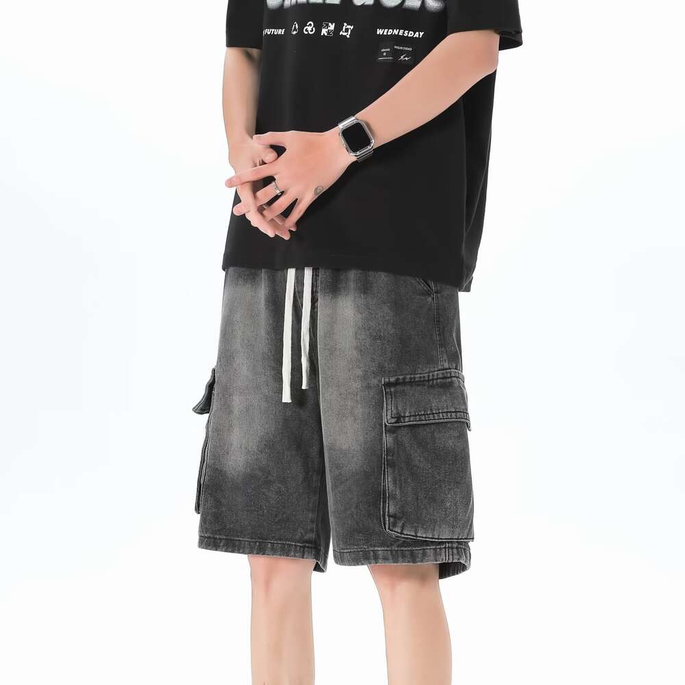 American denim for men in summer, thin fit, loose straight leg, five quarter pants, men's versatile, casual, outerwear, workwear, shorts