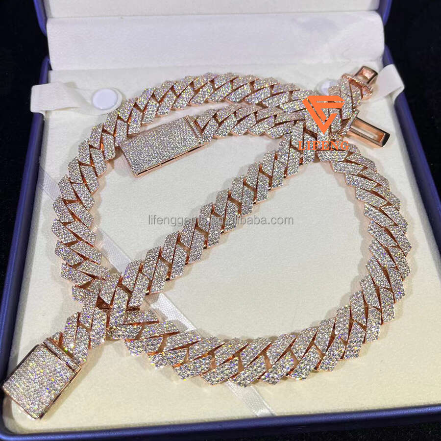 18Mm 3 Rows Sliver Vvs Moissanite Iced Out Hip Hop Jewelry Mossanite Rose Gold Cuban Link Chain