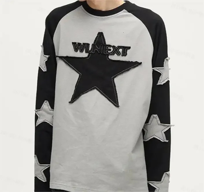 Harajuku Star Embroidery Y2K Pullover Womens Contrast Patch Harajuku Dress Long Sleeve Preppy Long Sports Top 240716