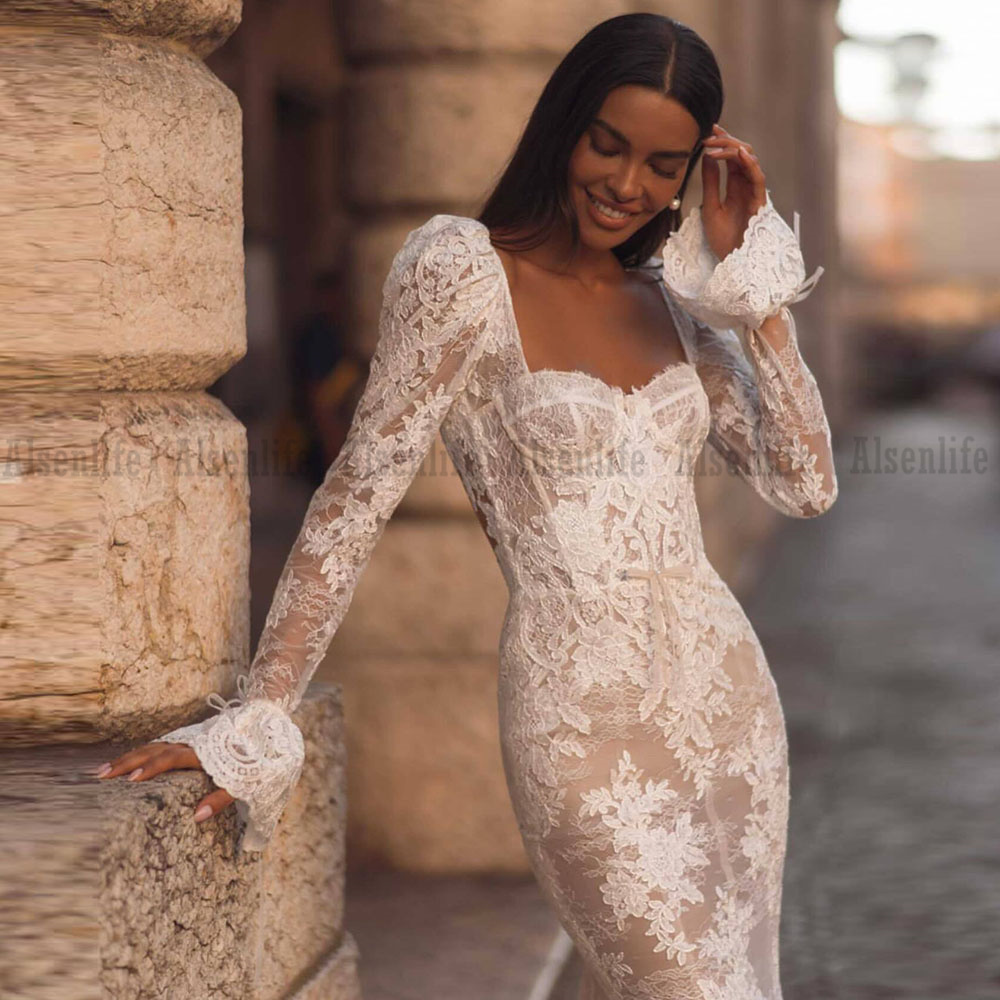 Classic Mermaid Wedding Dresses Off Shoulder Lace Bridal Gowns Custom Made Long Sleeves Vestido de novia