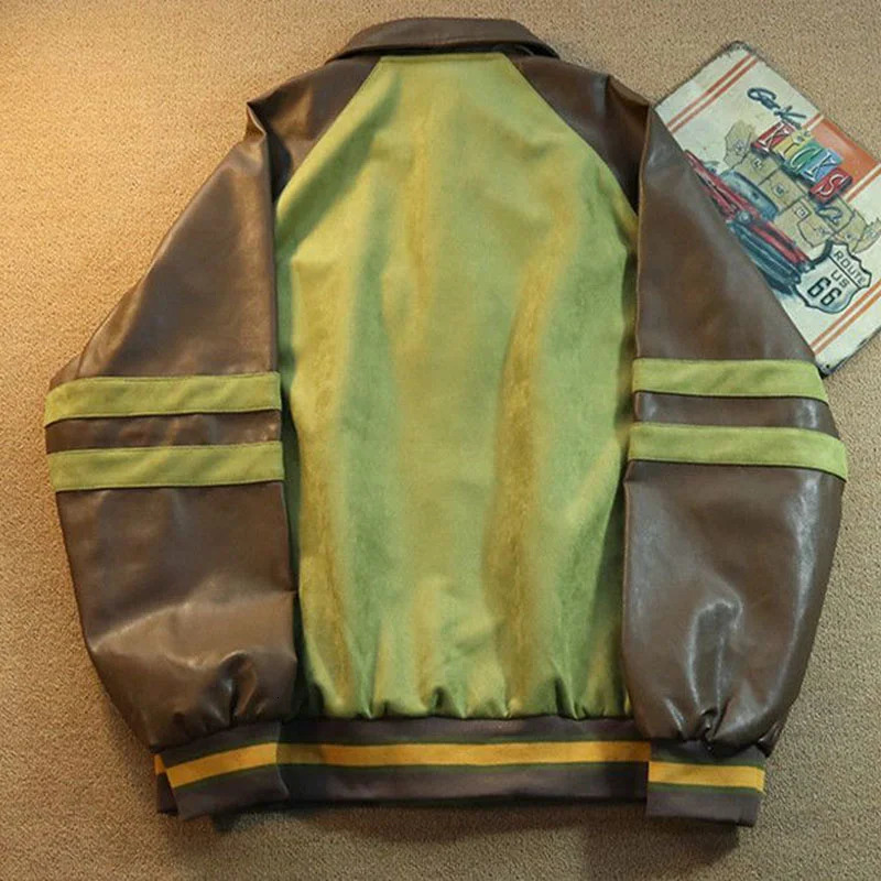 Retro Towel Embroidered Color Matching Leather Jacket Mens Loose Casual Women Autumn Winter Baseball Uniform Couple Jackets 240716