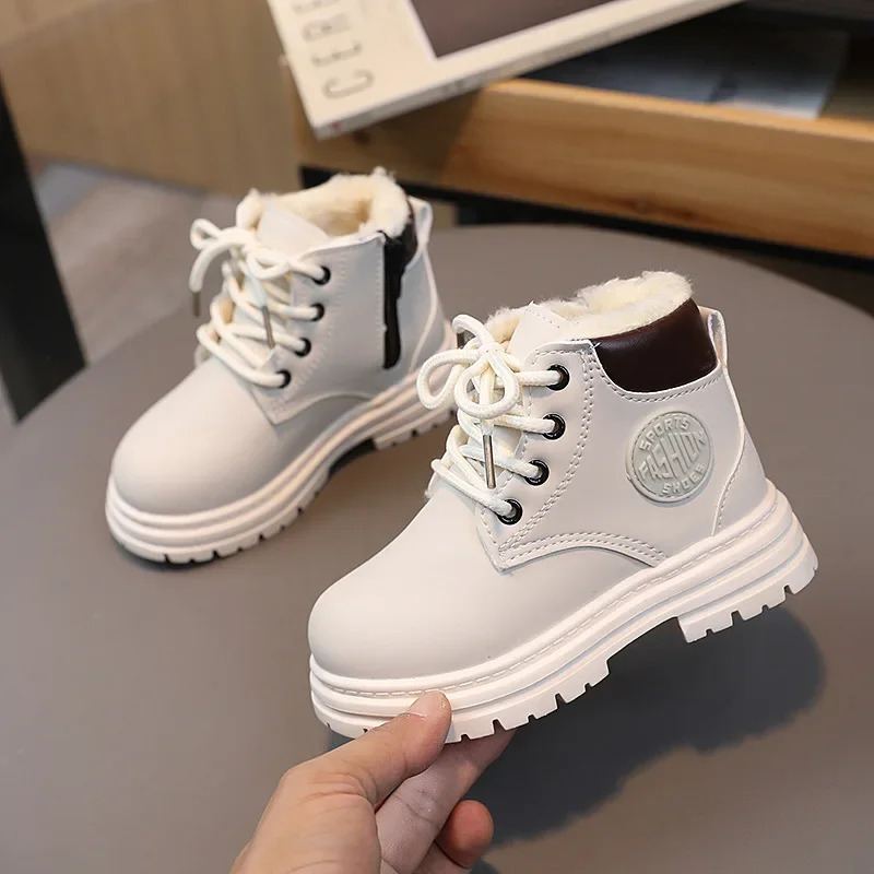 Winter Kids Combat Boots Furry Lined Children Ankle Boots Fashion Boys Girls Short Boots Student Non-slip Shoes Footwear H07032 240710