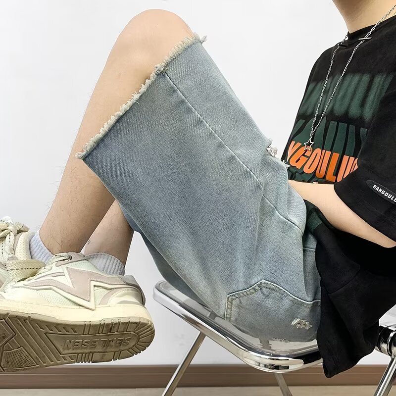 Ragged and perforated denim shorts, men's summer thin casual beggar pants, high street fashion trendy brand loose five part pants
