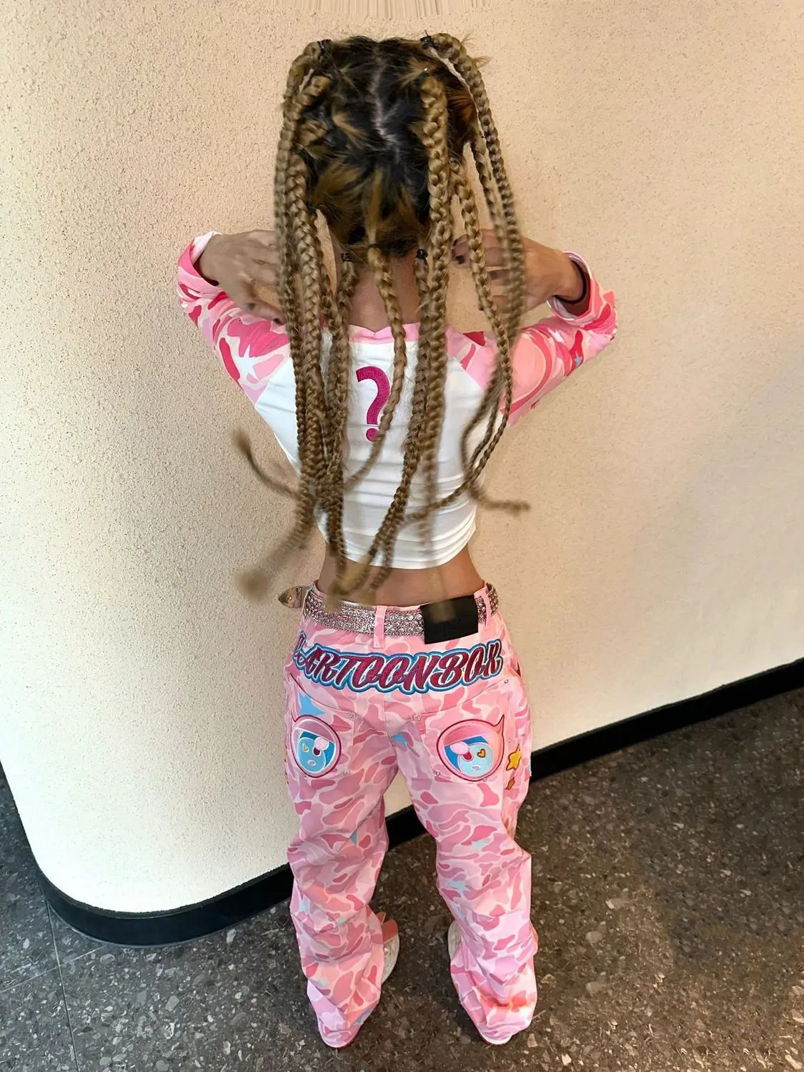 European And American Fashion Pink Camouflage Embroidered Straight Jeans Women Men Y2K Street Hip Hop Wide Leg Pants 240717