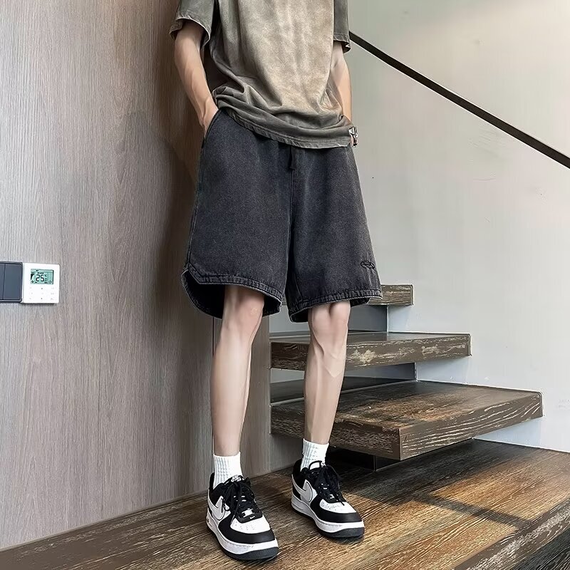 Denim shorts for men, summer gradient high street trend washed straight leg pants, oversized loose casual thin cropped pants