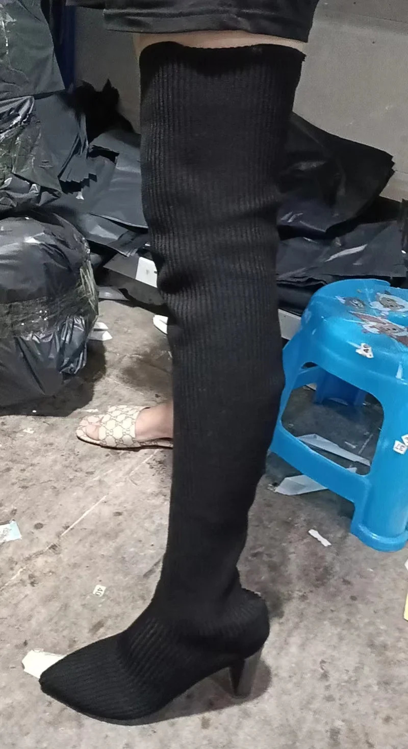 Womens High Heel Autumn Winter Fashion Knitting Stretch Women Retro Long Mid Sock Boots Botas Mujer 240717 4