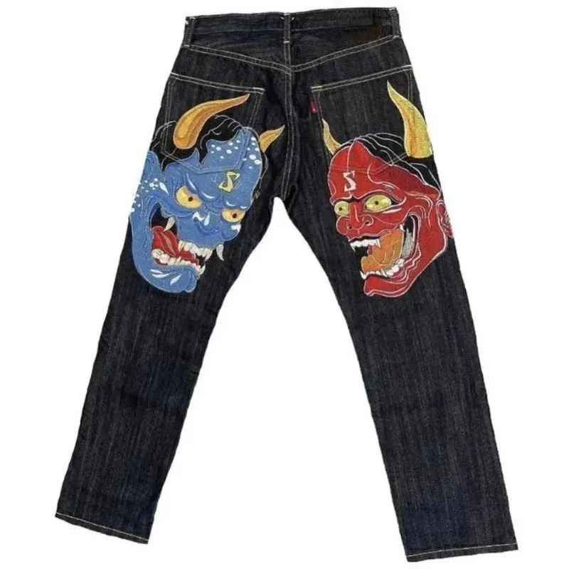 European and American style street jeans male Y2K printed hip hop high waist straight retro loose wide leg pants denim trousers 240716