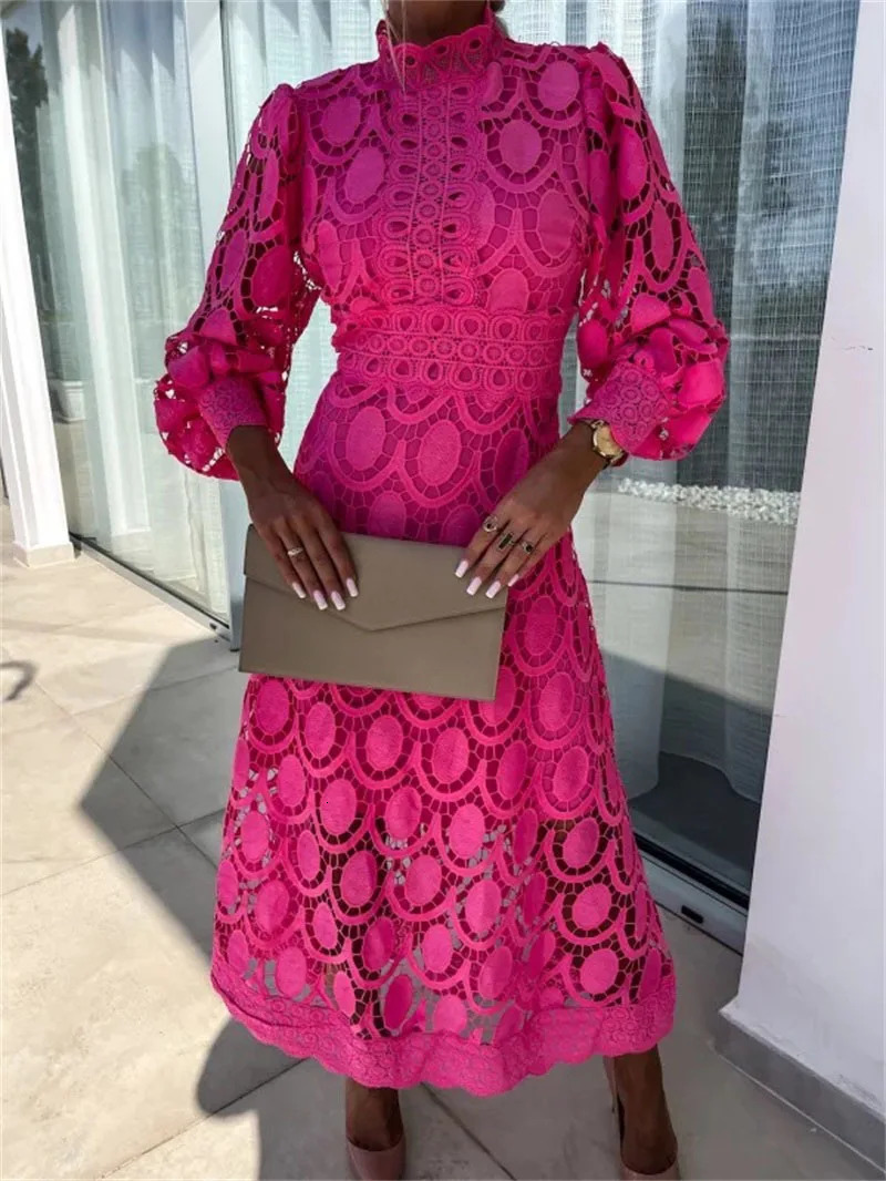 Women Fashion Dress Long Sleeved Lace Splicing Crochet embroidery Solid Color Hollowed out A Ling Long Dress 240715