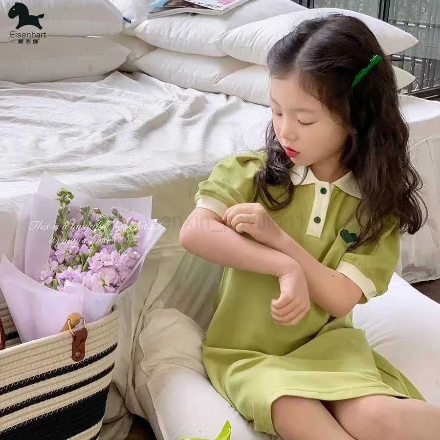 2024 New Childrens Dress Korean Edition Girls Summer Bubble Sleeves Flip Collar Love Dress 1-10 Year Old Casual Princess DressXJ240720